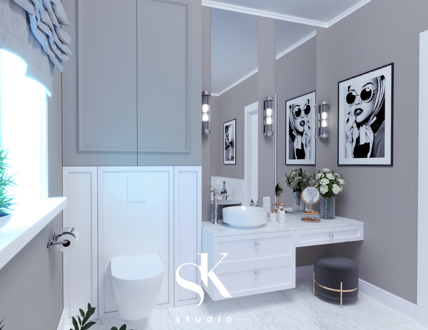 Elegancka, szara łazienka z białymi panelami ściennymi, wiszącą toaletą, okrągłą umywalką nablatową i toaletką z lustrami i dekoracjami.