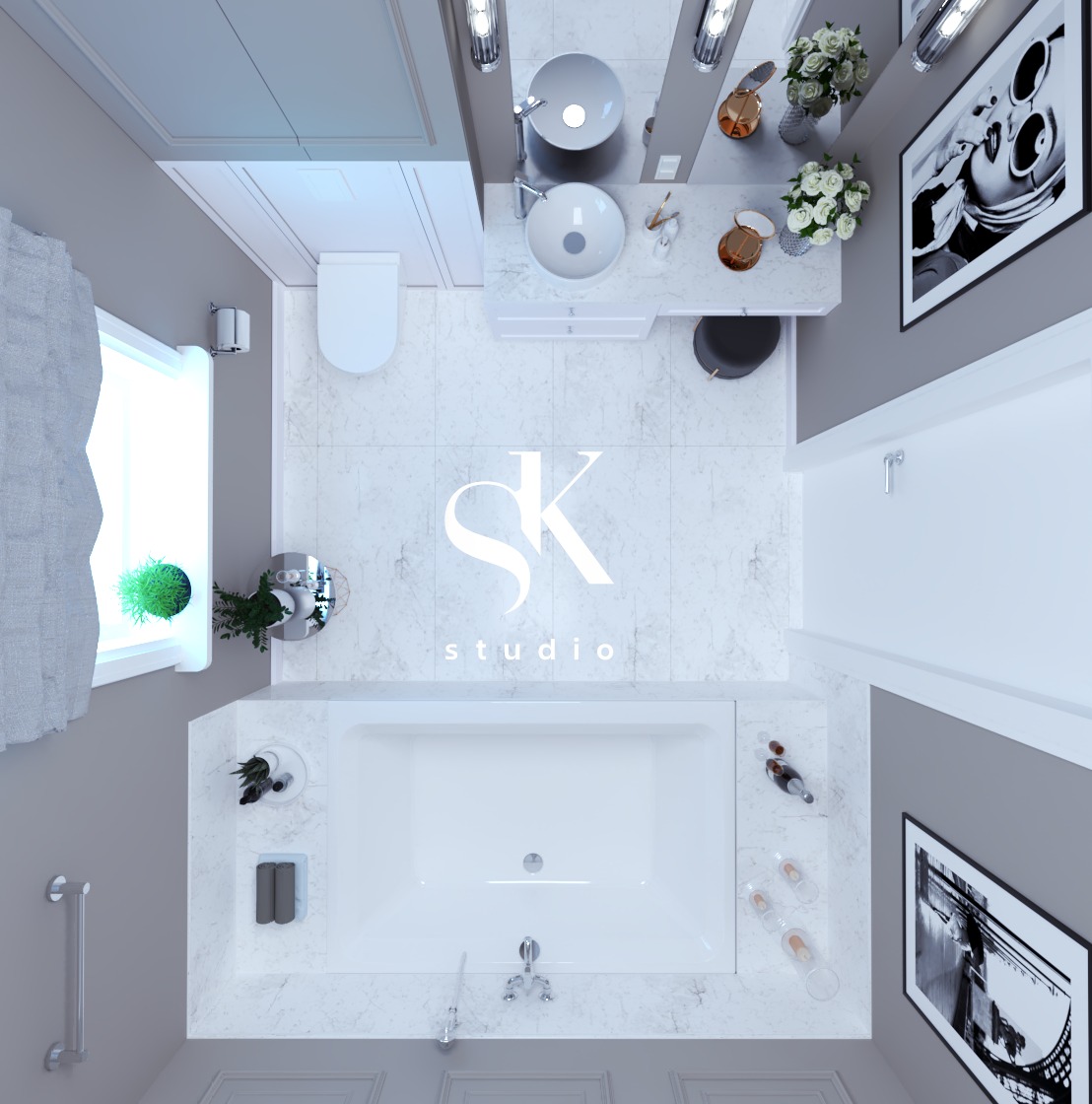 Wizualizacja łazienki z perspektywy lotu ptaka, marmurowe płytki, dwie umywalki nablatowe, wanna, toaleta, okno z roślinami i dekoracje, w neutralnej palecie barw.