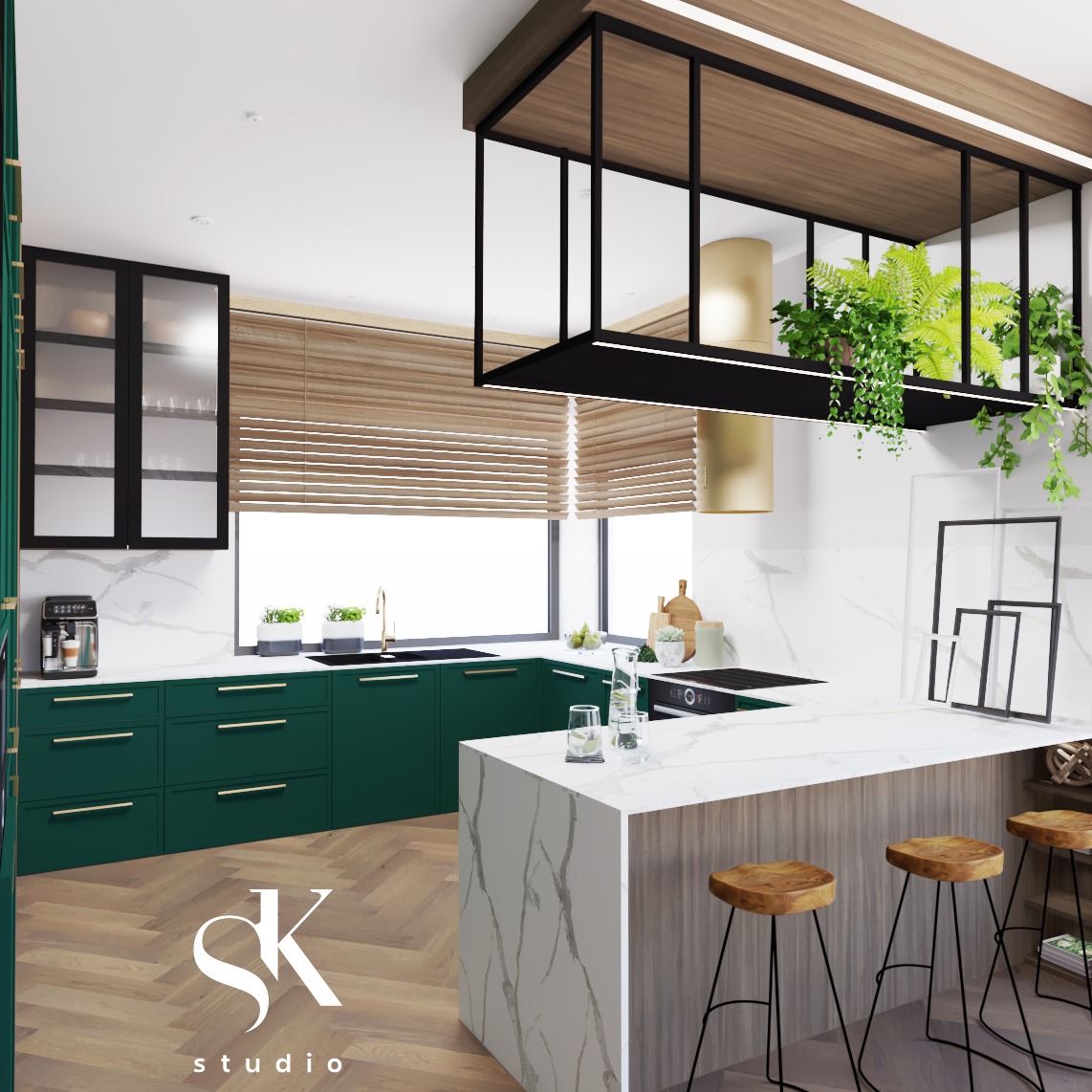 Wizualizacja nowoczesnej kuchni z zielonymi szafkami, blatem z białego marmuru, drewnianymi roletami w oknie i wiszącą konstrukcją z oświetleniem i roślinami.