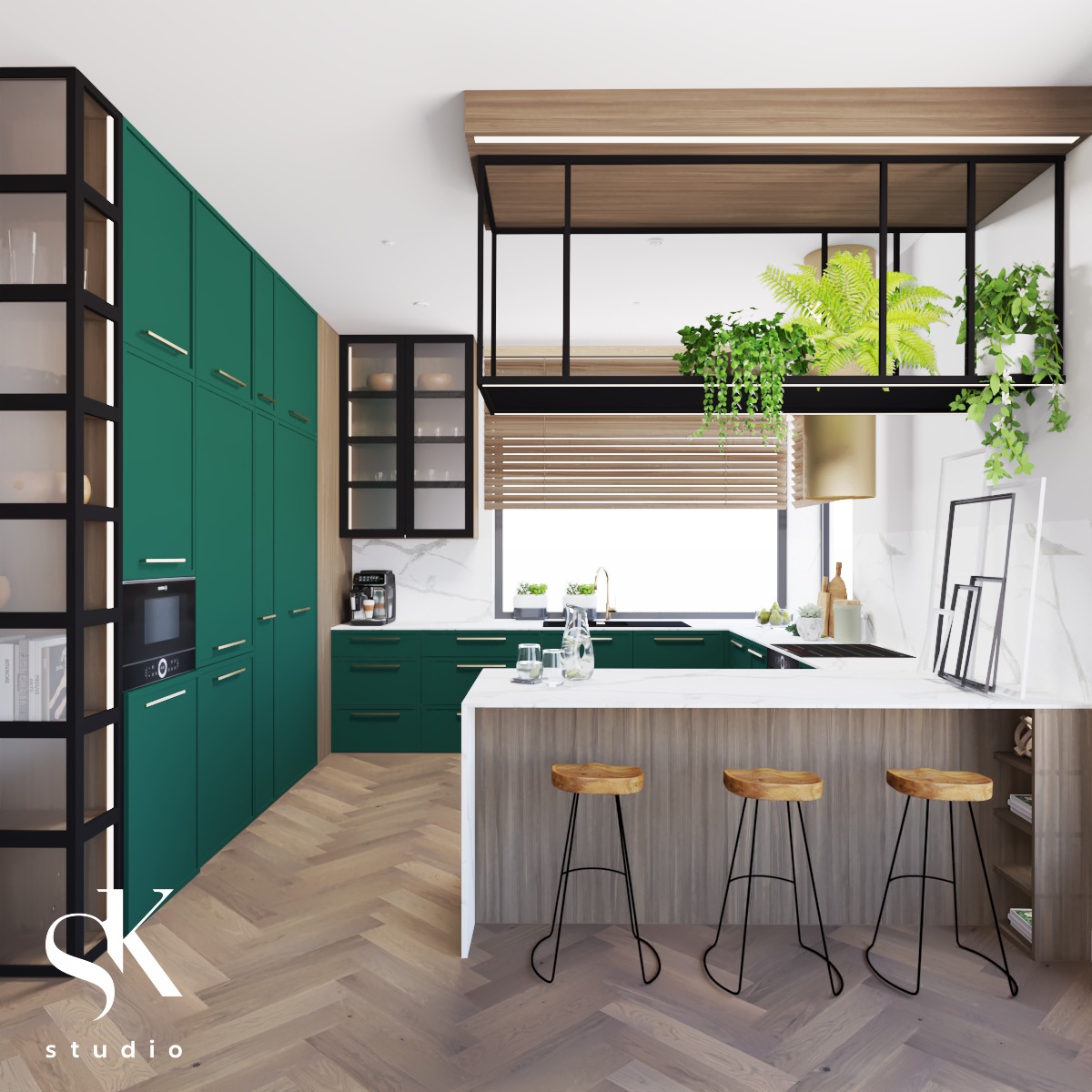Wizualizacja nowoczesnej kuchni z zielonymi szafkami, drewnianym blatem i podłogą w jodełkę, oświetlona naturalnym światłem z okna z żaluzjami, z roślinami nad wyspą kuchenną i trzema drewnianymi...