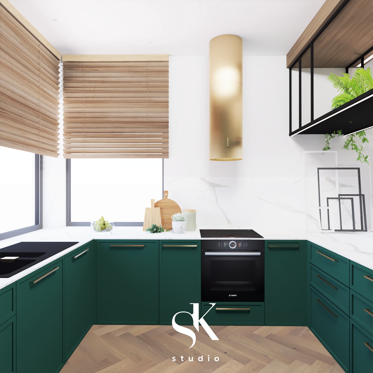 Wizualizacja kuchni z zielonymi szafkami, drewnianymi blatami, złotym okapem i parkietem w jodełkę, z logo SK Studio w dolnej części kadru.