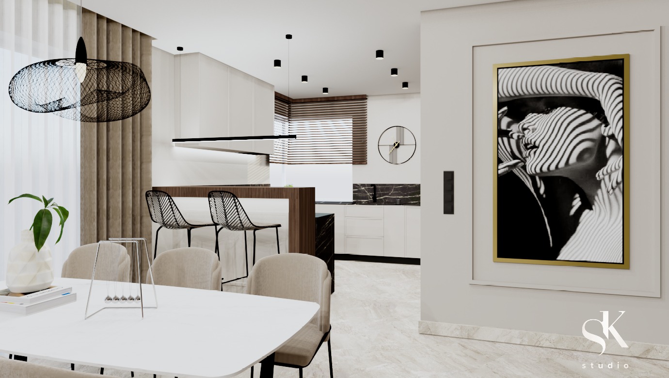 Wizualizacja nowoczesnego wnętrza z otwartą kuchnią i jadalnią, minimalistyczne białe meble kuchenne z czarnym blatem imitującym marmur, krzesła barowe z metalową konstrukcją, stół jadalny z białym...