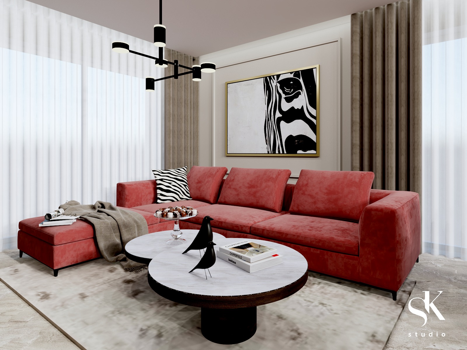 Wizualizacja salonu z narożną sofą w odcieniach koralowych, marmurkowym stolikiem kawowym z dekoracyjnymi figurkami ptaków, abstrakcyjnym obrazem na ścianie i nowoczesnym oświetleniem.
