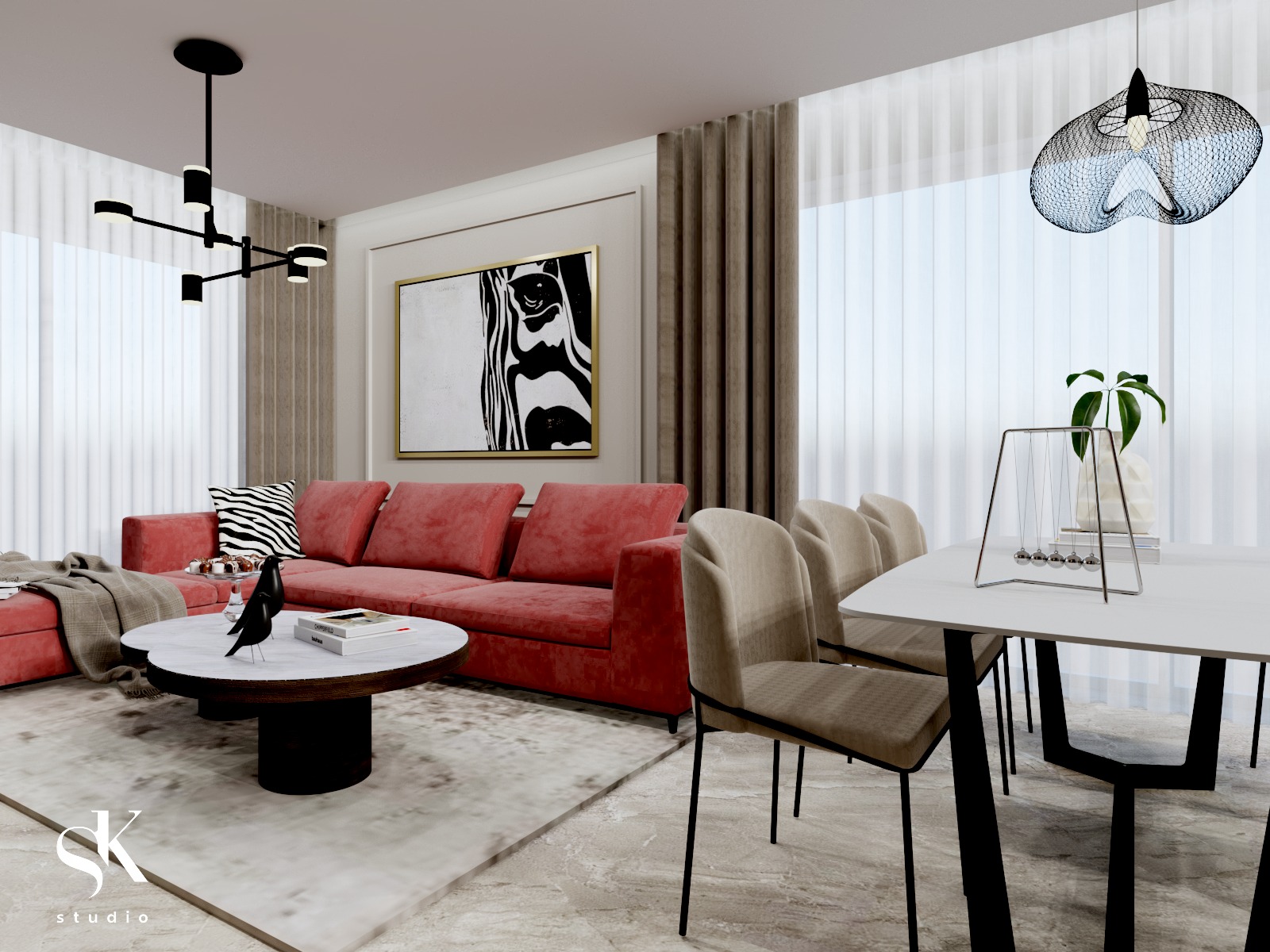 Wizualizacja salonu z koralową sofą, okrągłym stolikiem kawowym z dekoracyjnymi ptakami, czarno-białym obrazem, nowoczesną lampą wiszącą i stołem jadalnym z beżowymi krzesłami.