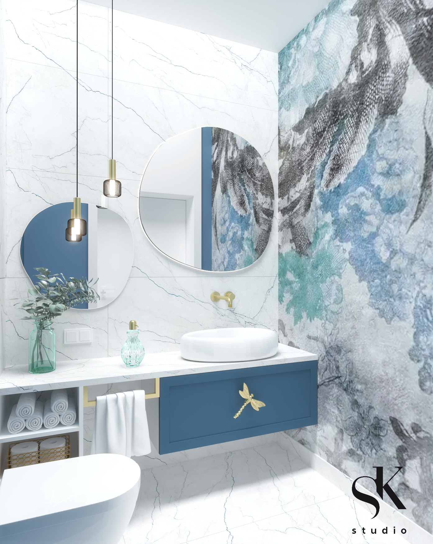 Wizualizacja nowoczesnej łazienki z marmurowymi płytkami, okrągłymi lustrami, niebieską szafką z dekoracyjną ważką, białym blatem, umywalką nablatową i designerskimi lampami wiszącymi.