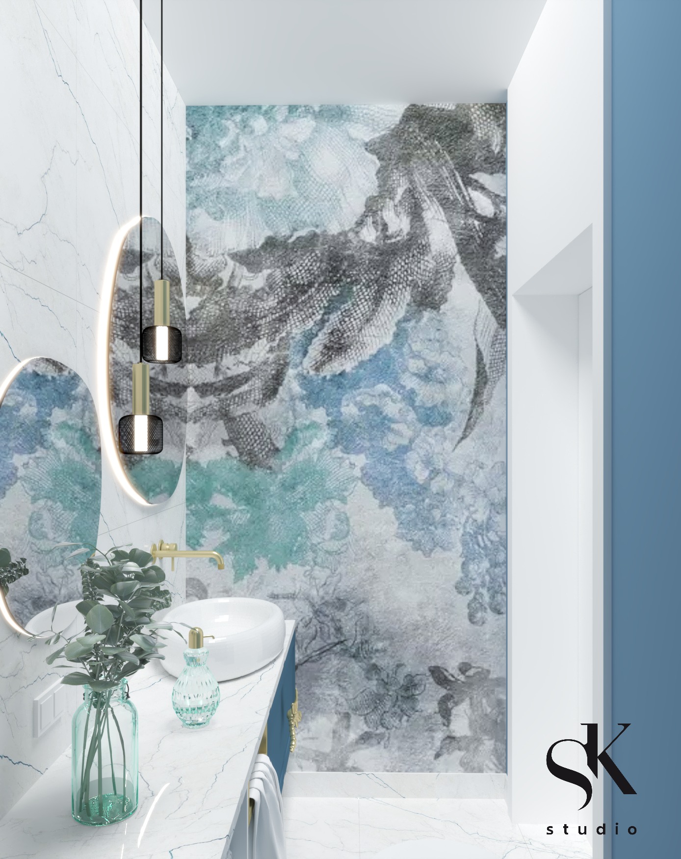 Wizualizacja nowoczesnej łazienki z okrągłymi lustrami podświetlanymi LED, umywalką nablatową, baterią w kolorze złota i ścianą pokrytą tapetą w kwiatowe wzory w odcieniach szarości i błękitu.