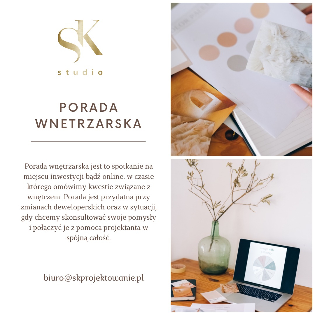 Kompozycja wizualna promująca poradę wnętrzarską. Na stole laptop z wykresem kołowym, wazon z gałązkami, próbki kolorów i materiałów oraz notatnik. W tle logo studia.