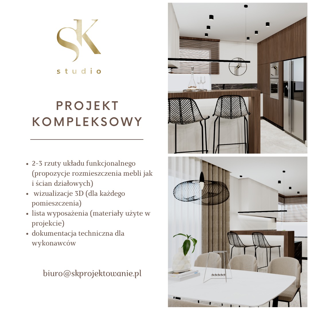 Wizualizacja projektu kompleksowego wnętrza: kuchnia z wyspą i jadalnia z białym stołem, czarne lampy punktowe, krzesła barowe z metalu, logo SK studio.