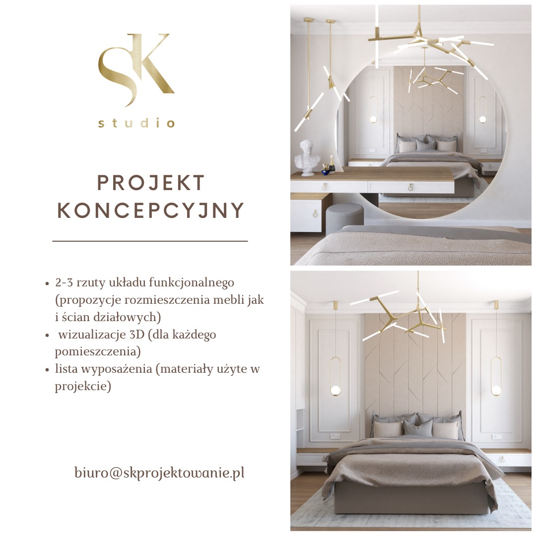 Wizualizacja 3D sypialni w beżowej tonacji z dekoracyjną ścianą, nowoczesnym oświetleniem i toaletką z okrągłym przejściem do łóżka, prezentowana jako projekt koncepcyjny.