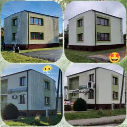 Cztery ujęcia dwukondygnacyjnego budynku z elementami zielonej elewacji, prezentujące stan przed i po odświeżeniu, z użyciem drabiny i podnośnika koszowego.