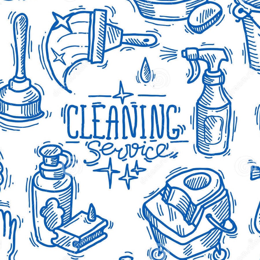 Niebieski szkic wektorowy przedstawiający różne narzędzia i akcesoria do sprzątania, w tym spryskiwacz, wiadro, mop, gąbkę i napis 'CLEANING SERVICE'.