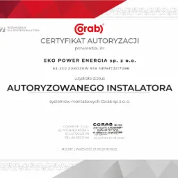 Certyfikat autoryzacji firmy EKO POWER ENERGIA sp. z o.o. jako autoryzowanego instalatora systemów montażowych Corab z datą ważności 01.09.20-01.09.22 i numerem 207.