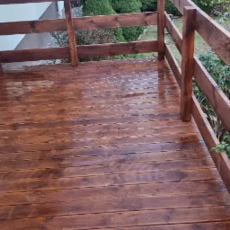 Świeżo zaimpregnowany drewniany taras z brązową balustradą i widocznym wężem ogrodowym, otoczony zielenią.