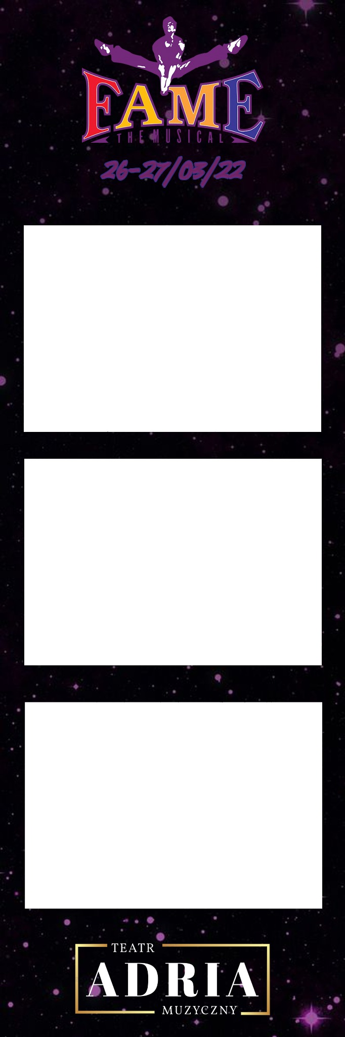 Plakat reklamowy musicalu 'Fame' z datami występów i logiem Teatru Adria Muzyczny na tle kosmicznej scenerii.