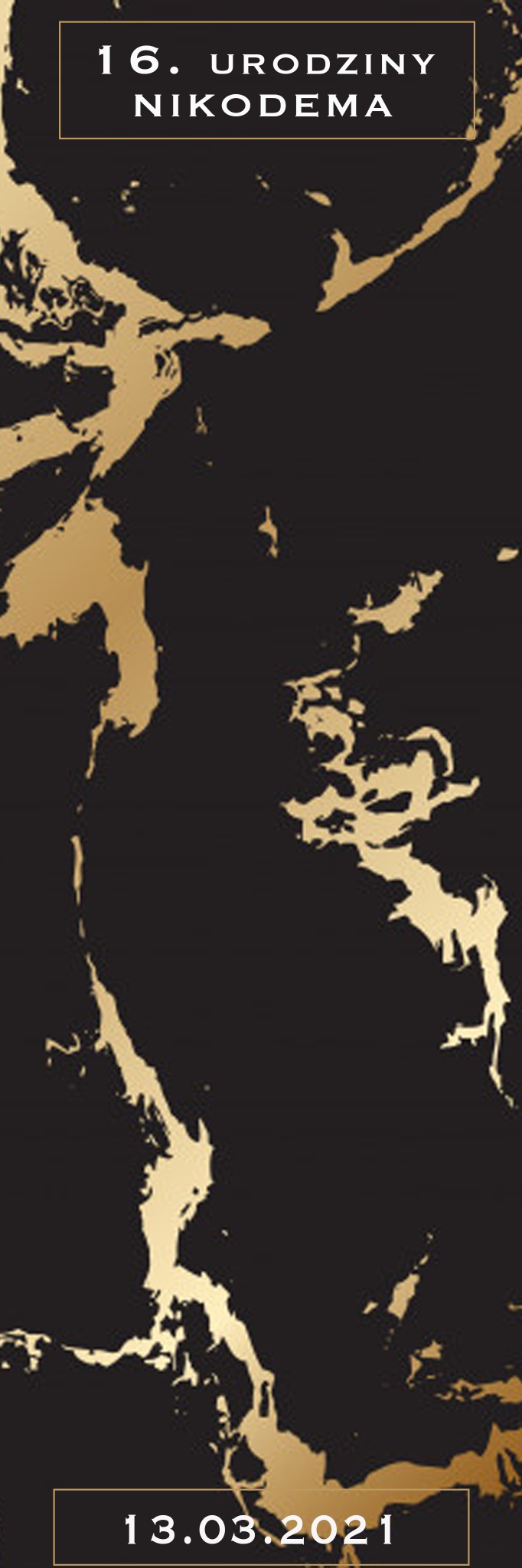 Elegancka, czarno-złota karta z okazji 16. urodzin Nikodema z datą 13.03.2021, z efektem marmuru.