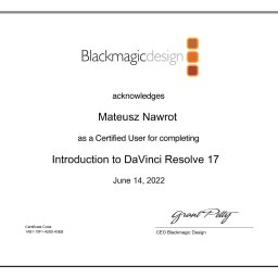 Mateusz z rozpędu walnął certyfikat u Blackmagica potwierdzający znajomość ich oprogramowania :)