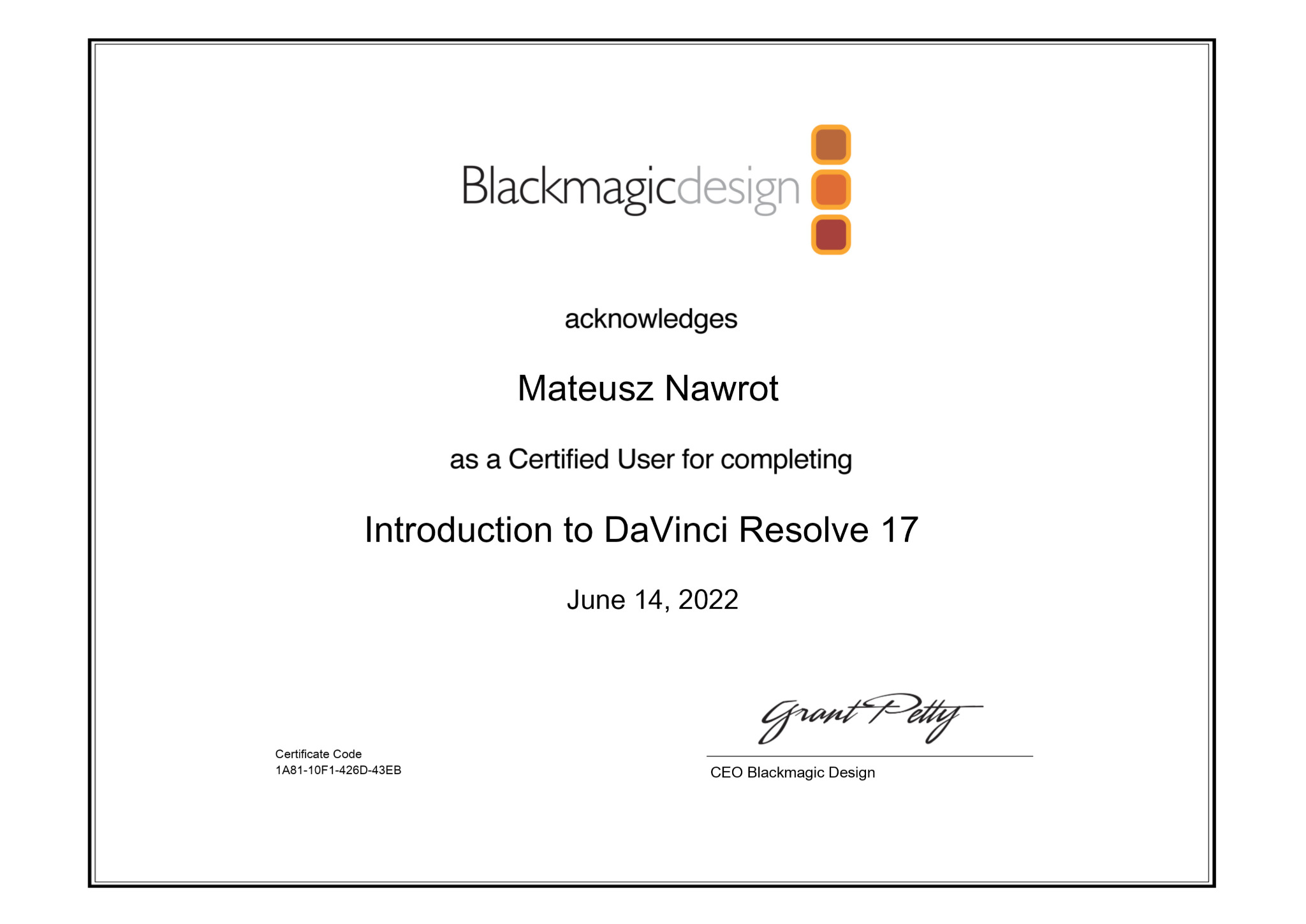 Mateusz z rozpędu walnął certyfikat u Blackmagica potwierdzający znajomość ich oprogramowania :)