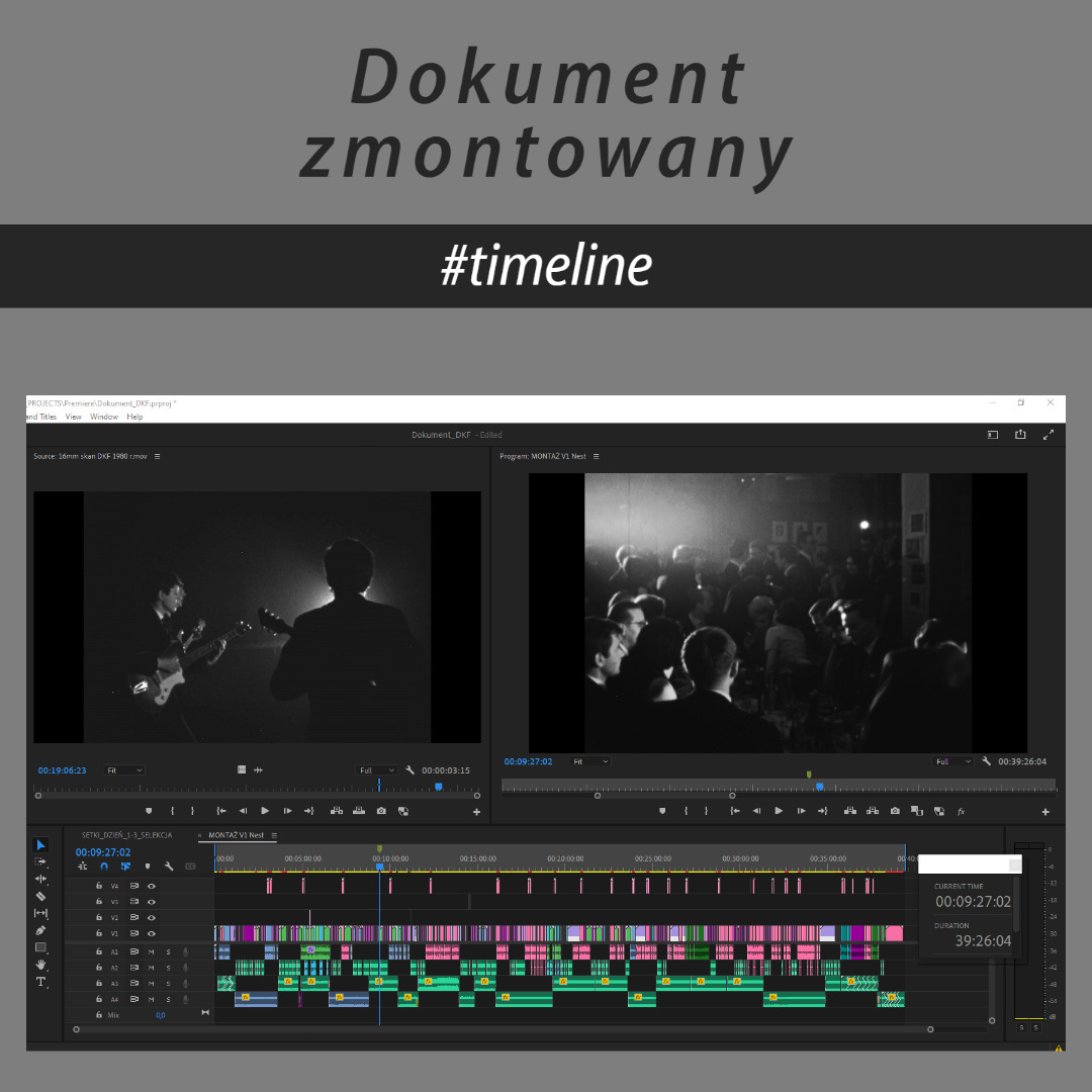 Czarno-biały montaż wideo w programie Adobe Premiere Pro, z widocznymi dwoma oknami podglądu: scena z gitarzystą i scena z tłumem, poniżej oś czasu z kolorowymi klipami i znacznikami.
