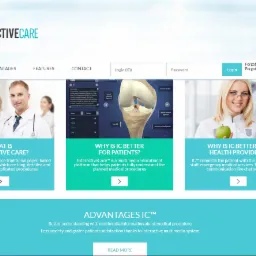 Layout strony internetowej z motywem medycznym, prezentująca interaktywną platformę edukacyjną dla pacjentów i personelu medycznego, z grafiką 3D kolana i uśmiechniętymi lekarzami.