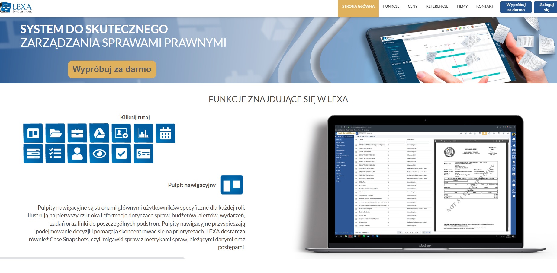 Ekran laptopa MacBook wyświetlający interfejs systemu do zarządzania sprawami prawnymi, z otwartym oknem z listą spraw i drugim oknem z fakturą; na górze strony internetowej widoczny tablet...