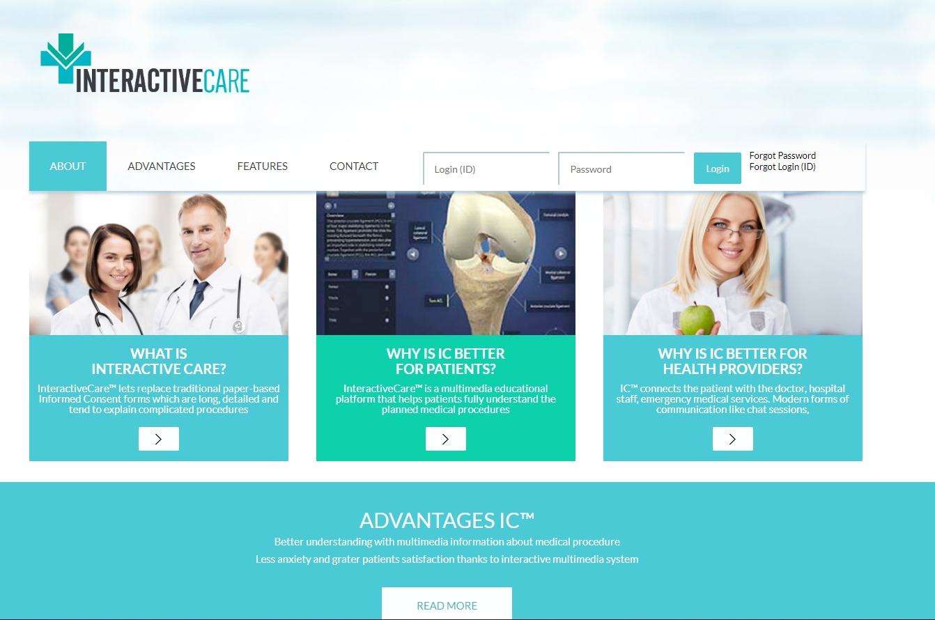 Layout strony internetowej z motywem medycznym, prezentująca interaktywną platformę edukacyjną dla pacjentów i personelu medycznego, z grafiką 3D kolana i uśmiechniętymi lekarzami.