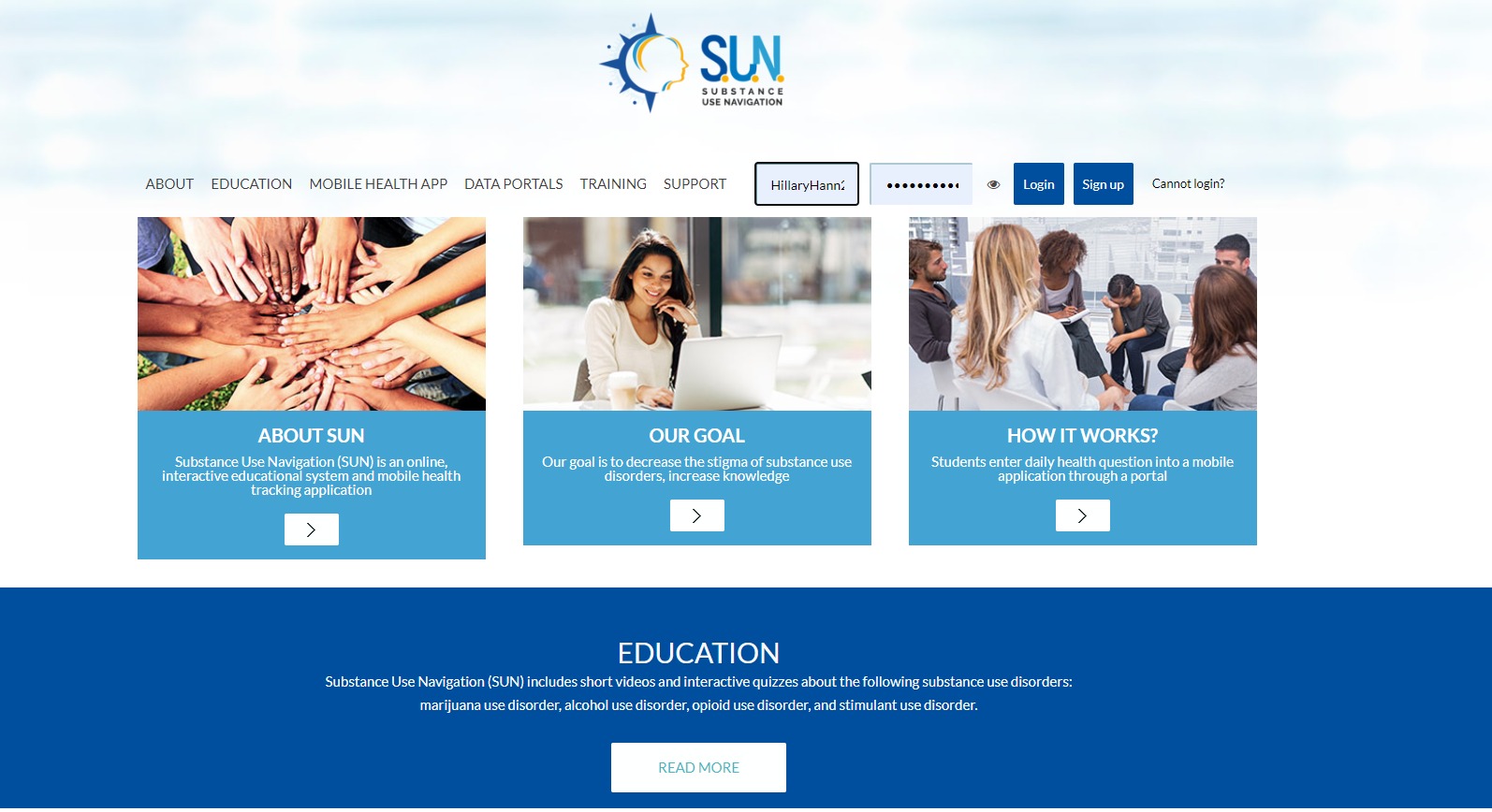 Kompozycja strony internetowej z nagłówkiem SUN Substance Use Navigation, prezentująca trzy sekcje: o firmie, cel i sposób działania, z grafikami przedstawiającymi dłonie, kobietę pracującą...