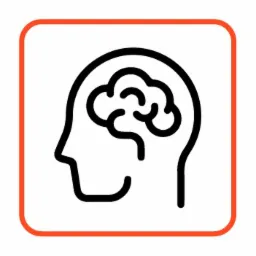 Stylizowana ikona głowy z mózgiem wewnątrz, czarna linia na białym tle, obramowana pomarańczową ramką.