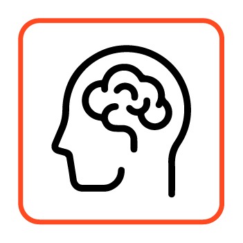 Stylizowana ikona głowy z mózgiem wewnątrz, czarna linia na białym tle, obramowana pomarańczową ramką.