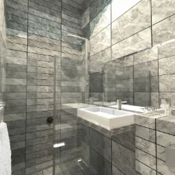 Wizualizacja łazienki z kabiną prysznicową typu walk-in, umywalką nablatową i szarą marmurową okładziną ścienną z dekoracyjnym motywem.