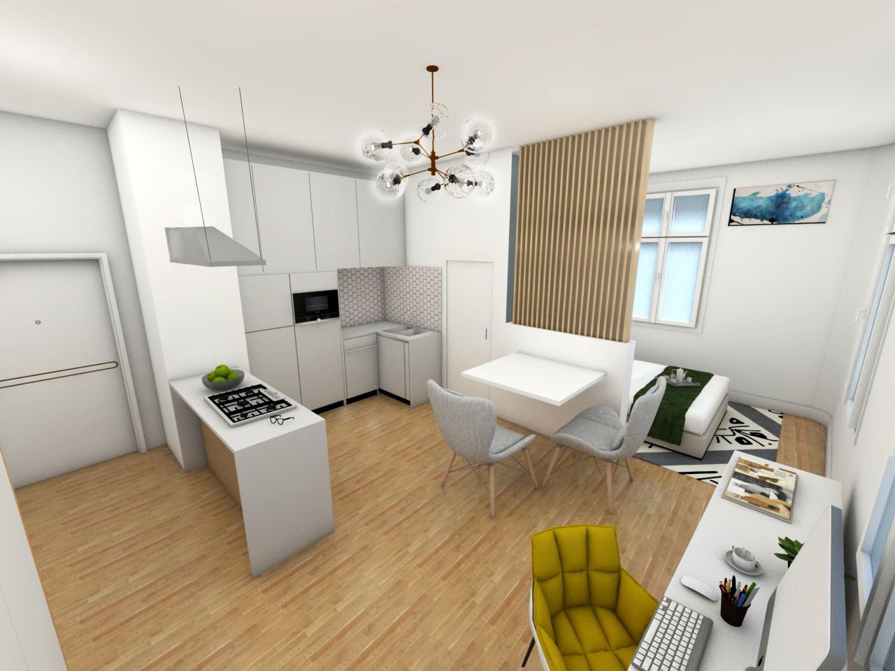 Wizualizacja małego mieszkania typu studio z aneksem kuchennym, miejscem do spania oddzielonym lamelami i kącikiem do pracy z żółtym krzesłem.