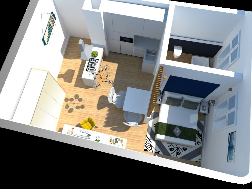 Wizualizacja 3D mieszkania typu studio z aneksem kuchennym, stołem jadalnym, częścią sypialnianą z niebieską ścianą i łazienką, widok z góry.