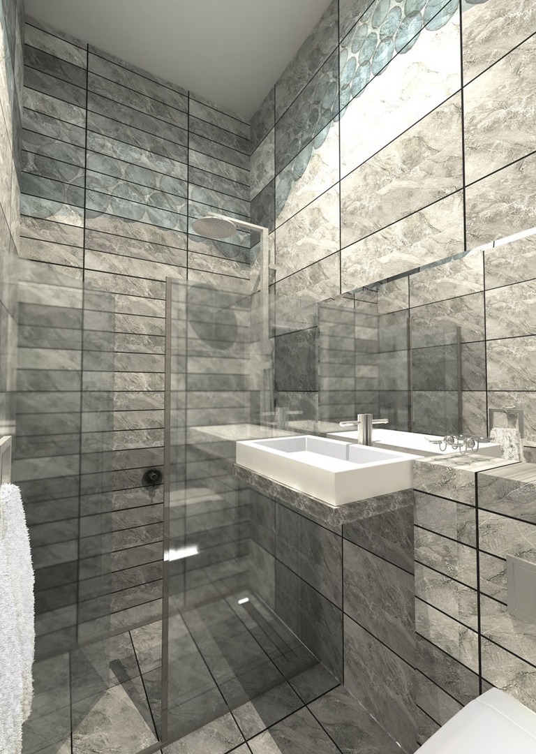Wizualizacja łazienki z kabiną prysznicową typu walk-in, umywalką nablatową i szarą marmurową okładziną ścienną z dekoracyjnym motywem.