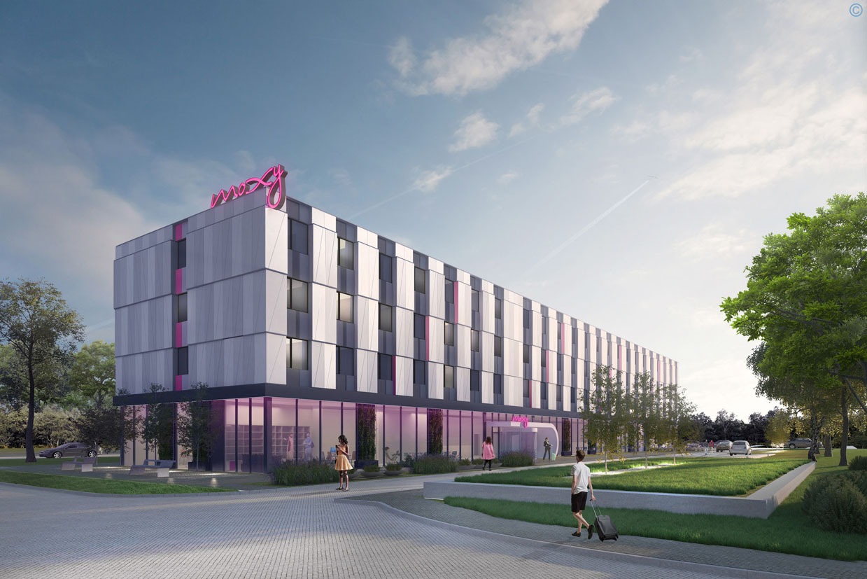 Wizualizacja nowoczesnego budynku hotelowego z neonowym logo na dachu, otoczonego zielenią i przechodniami.