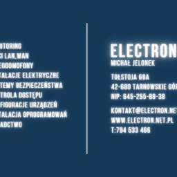 Grafika firmowa z listą usług: monitoring, sieci LAN/WAN, wideodomofony, instalacje elektryczne, systemy bezpieczeństwa, kontrola dostępu, konfiguracja urządzeń, instalacja oprogramowania...