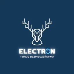 Logo firmy Electron z motywem głowy jelenia w minimalistycznym stylu i hasłem 'Twoje Bezpieczeństwo' na ciemnoniebieskim tle.