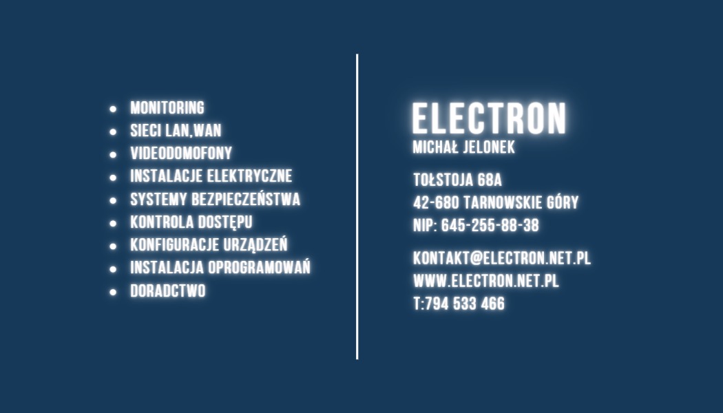 Grafika firmowa z listą usług: monitoring, sieci LAN/WAN, wideodomofony, instalacje elektryczne, systemy bezpieczeństwa, kontrola dostępu, konfiguracja urządzeń, instalacja oprogramowania...