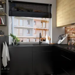 Wizualizacja nowoczesnej kuchni z czarnymi szafkami, ceglaną ścianą nad blatem i widokiem na budynek mieszkalny za oknem.