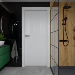 Nowoczesna łazienka z zieloną szafką pod umywalką, okrągłymi lustrami podświetlanymi, czarnymi płytkami imitującymi marmur, kabiną prysznicową typu walk-in z czarnymi profilami i drewnianym panelem...