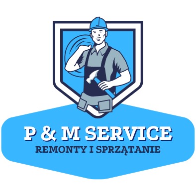 Ilustracja logo firmy P & M Service oferującej remonty i sprzątanie, przedstawiająca uśmiechniętego mężczyznę w kasku i kombinezonie, trzymającego młotek na tle tarczy.