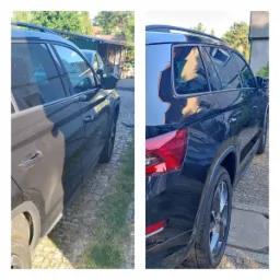 Ciemny SUV typu Skoda Kodiaq przed i po umyciu: lewa strona brudna, pokryta kurzem, prawa strona czysta i lśniąca, widoczne detale felg i tylnych świateł.