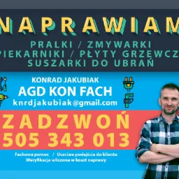 Grafika reklamowa firmy AGD KON FACH z imieniem Konrad Jakubiak, oferującej naprawę pralek, zmywarek, piekarników i suszarek, z numerem telefonu i adresem e-mail, na tle z narzędziami...