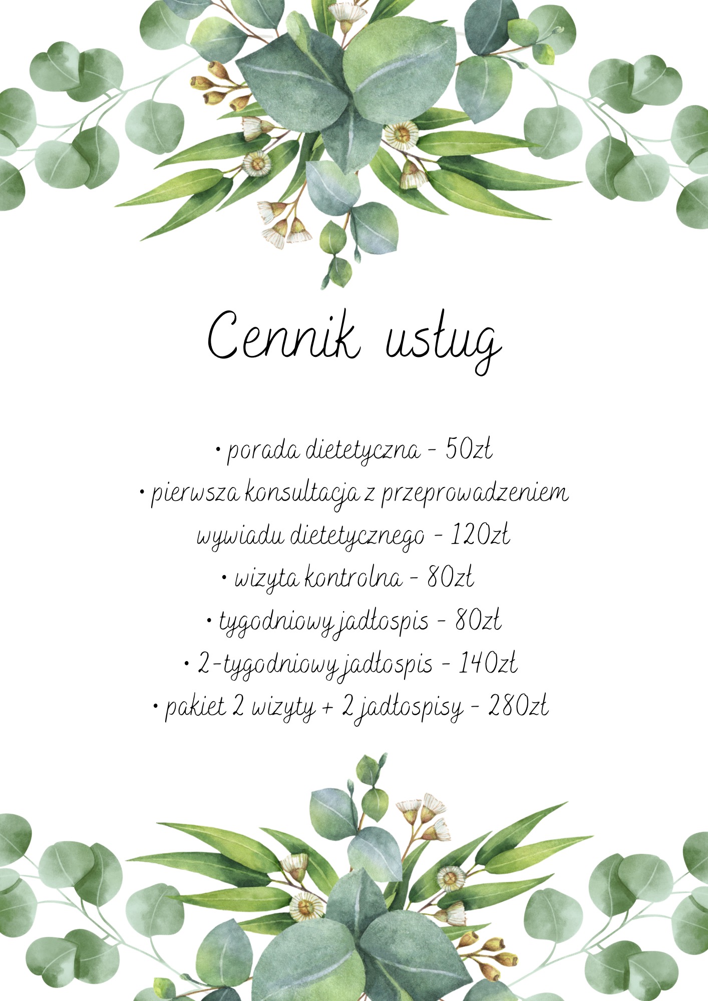 Cennik usług z wypisanymi cenami porad, konsultacji i jadłospisów, ozdobiony akwarelowymi gałązkami eukaliptusa.