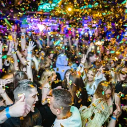 Rozentuzjazmowany tłum w klubie nocnym pod deszczem złotego konfetti, podniesione ręce, kolorowe światła sceniczne, widoczny profil mężczyzny dający kciuk w górę, w tle logo wydarzenia.