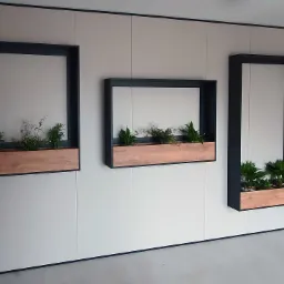 Białe panele ścienne z trzema wnękami obramowanymi czarną ramą, w których umieszczono drewniane skrzynki z zielonymi roślinami.