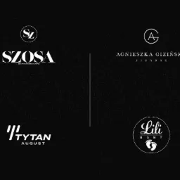 Kompozycja czterech minimalistycznych logo: Szosa (magazyn o kolarstwie), Agnieszka Gizińska Finanse, Tytan August, Lili Baby, wszystkie w bieli na czarnym tle.