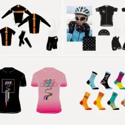 Kolekcja odzieży rowerowej, w tym koszulki z krótkim i długim rękawem, spodenki, skarpety z różnymi wzorami i kolorami, oraz akcesoria takie jak chusty i czapki, prezentowana na białym tle.