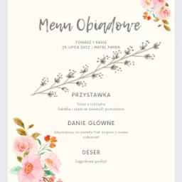 Eleganckie menu obiadowe z akwarelowymi kwiatami w odcieniach różu i zieleni, zawierające propozycje dań: przystawka, danie główne i deser, z datą 25 lipca 2022 i nazwami Tomasz i Kasia.