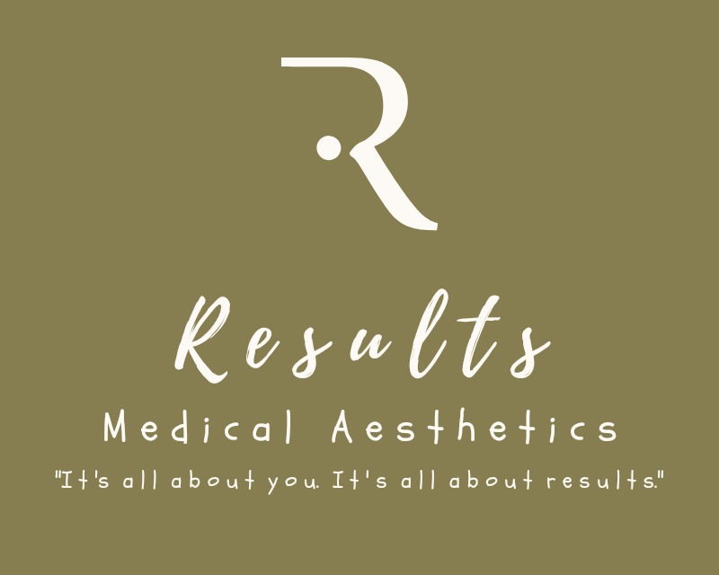 Logo firmy Medical Aesthetics z stylizowaną literą R, napisem 'Results' i hasłem 'It's all about you. It's all about results.' na oliwkowym tle.