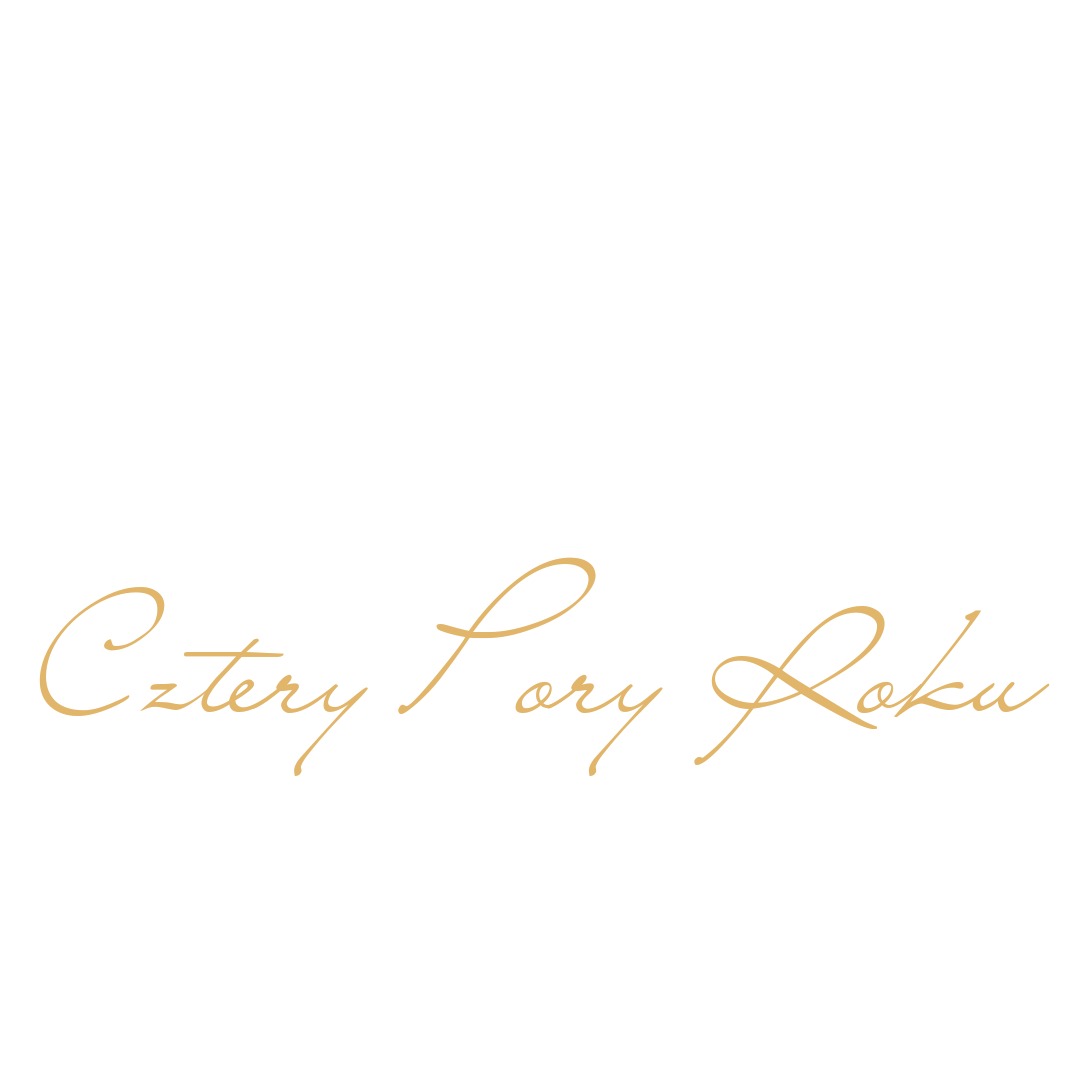 Elegancki, kaligraficzny napis 'Cztery Pory Roku' w odcieniach złota na białym tle, imitujący ręczne pismo.