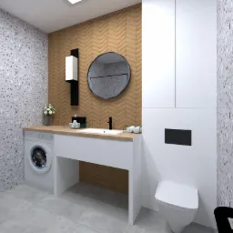 Nowoczesna łazienka z umywalką nablatową, okrągłym lustrem i pralką w zabudowie, ściany wykończone płytkami lastryko i drewnopodobną jodełką.